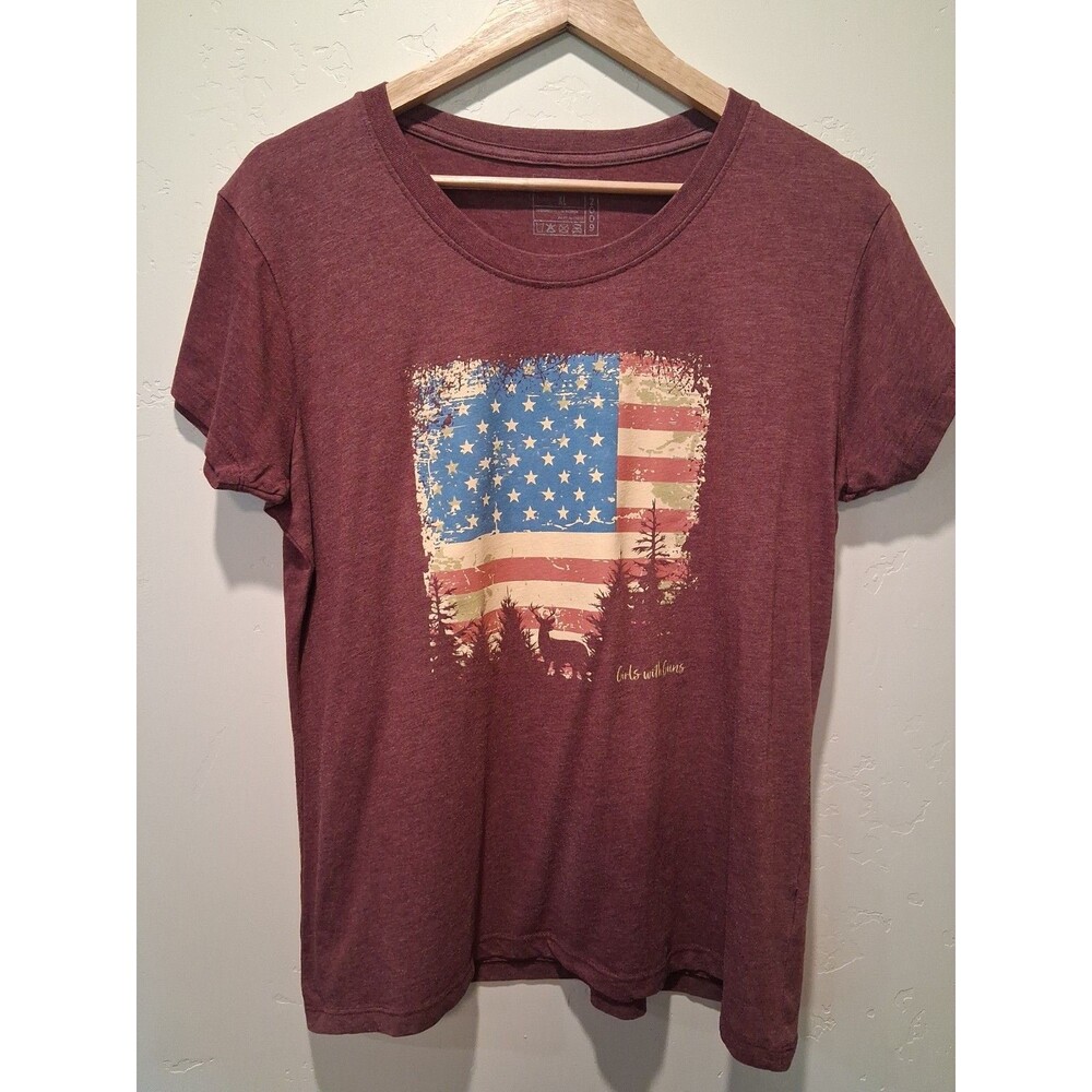 Girls With Guns Women XL Burgundy American Country Flag Deer Graphic T-Shirt